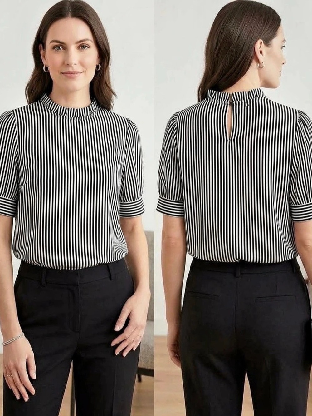Adrianna Papell Striped Short Sleeve Blouse in Black & White Size Large